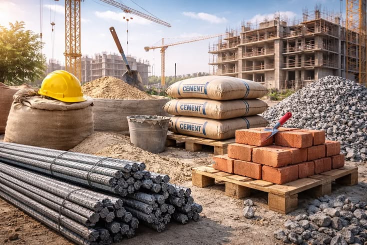 Chantier de construction : ciment, briques, ferraille et bâtiments en cours